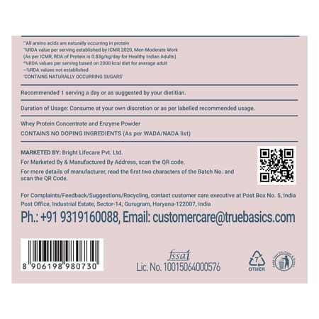 Truebasics Clean Raw Whey Protein Concentrate Powder (Unflavoured 1kg) | 28g Protein