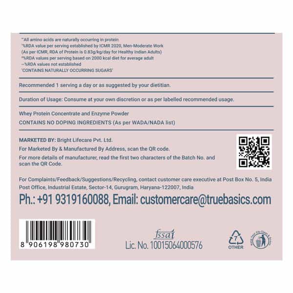 Truebasics Clean Raw Whey Protein Concentrate Powder (Unflavoured 1Kg) | 28G Protein