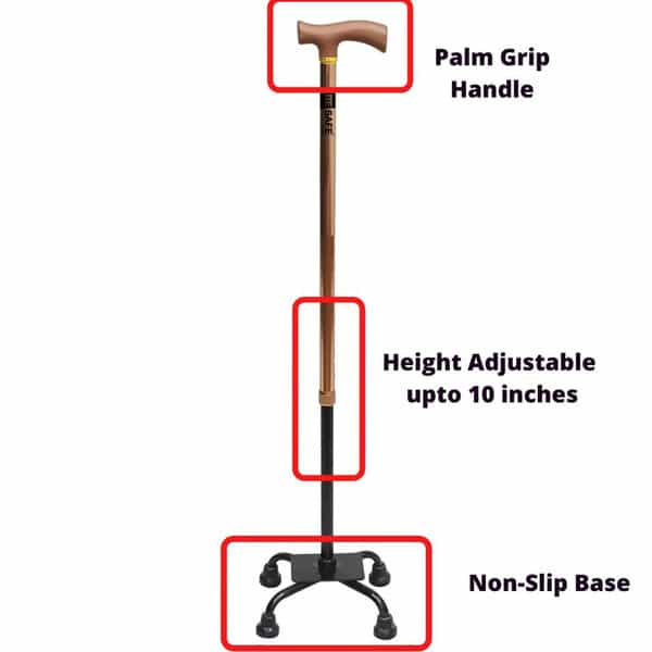 Besafe Forever Walking Stick 4 Leg For Patients | Adjustable | Aluminum | Bronze