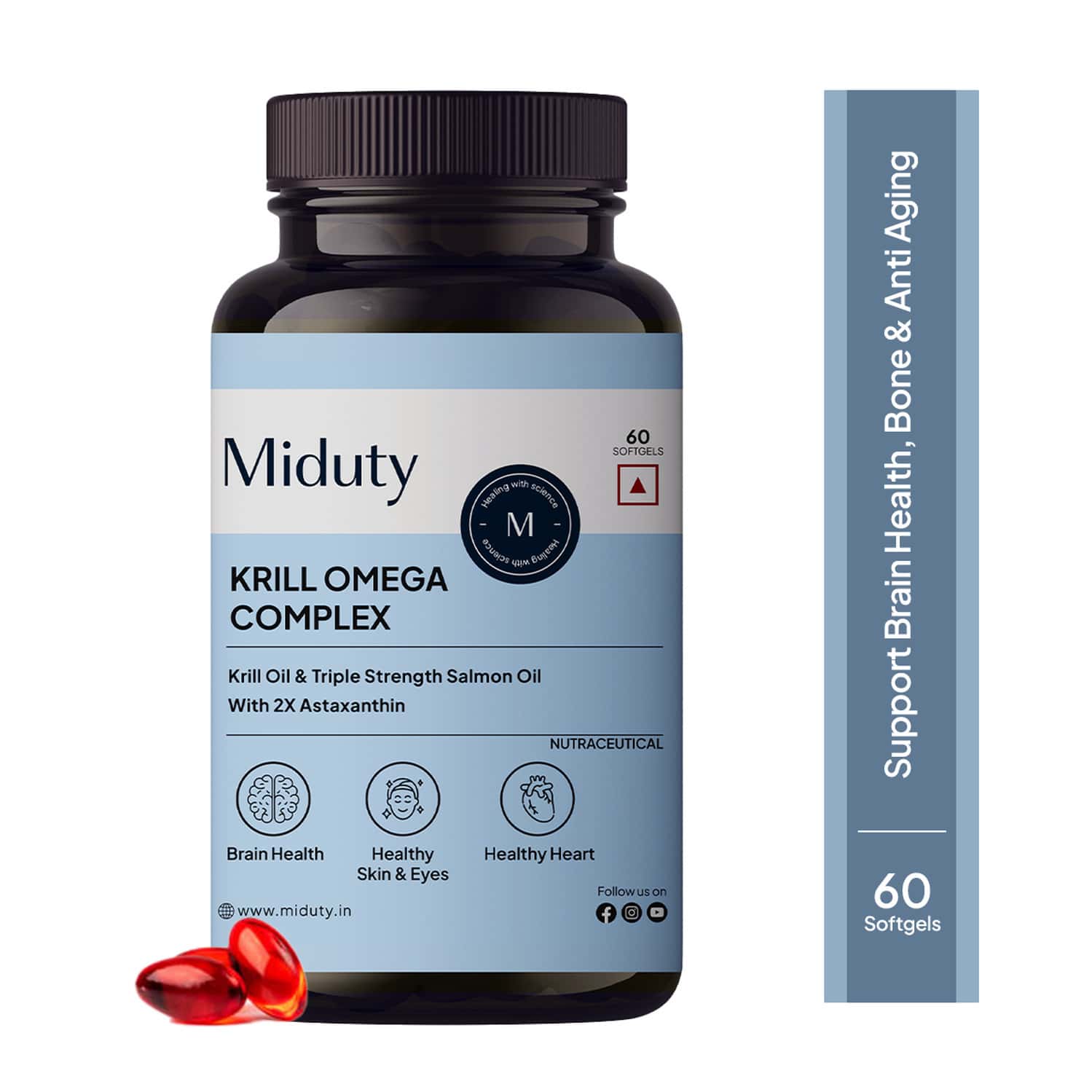 Miduty Krill Omega Complex - Omega 3 - Epa & Dha - Heart & Brain Health - Astaxanthin - 60 Softgels