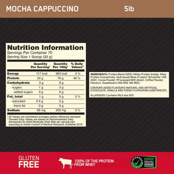 Optimum Nutrition (On) Gold Standard 100% Whey Protein Mocha Cappuccino Flavour 5 Lbs 2.27Kg Powder