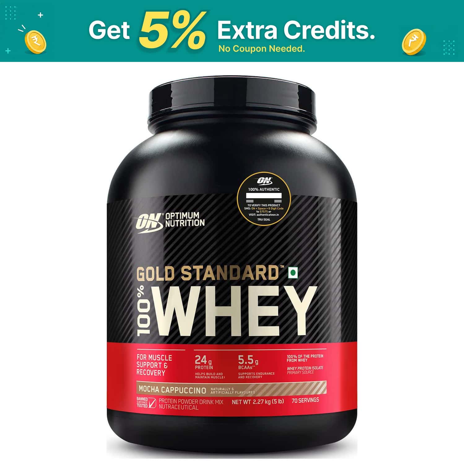 Optimum Nutrition (On) Gold Standard 100% Whey Protein Mocha Cappuccino Flavour 5 Lbs 2.27kg Powder