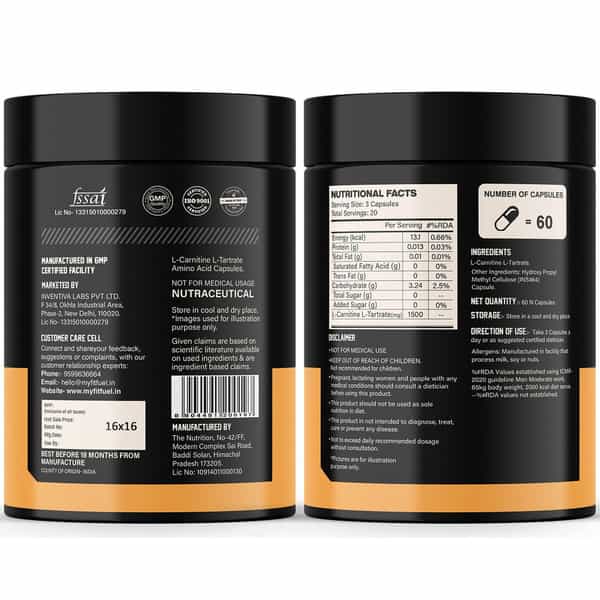 Myfitfuel L-Carnitine L-Tartrate (1500Mg) 60 Capsules| Fat Loss | Weight Management