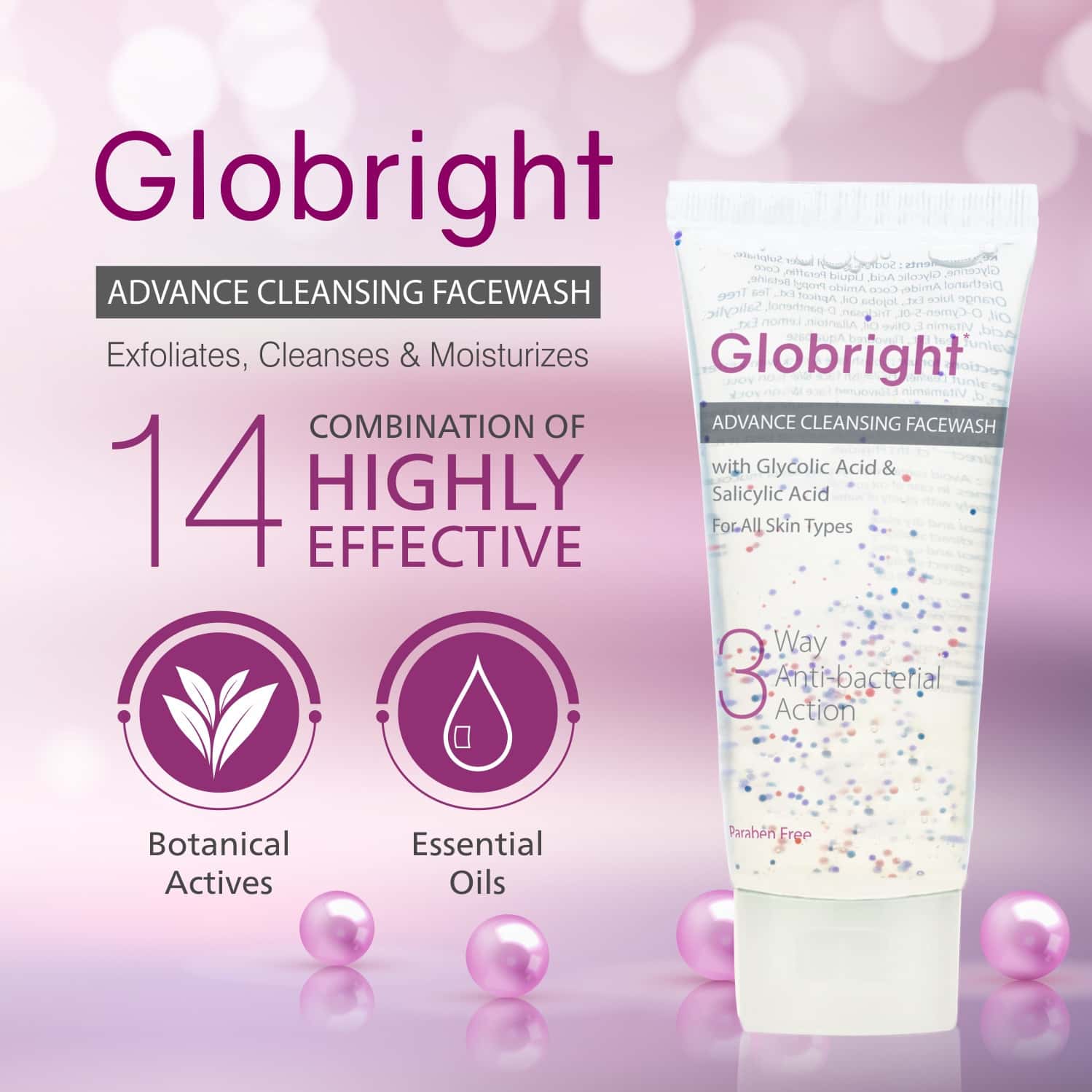 Buy GLOBRIGHT 3 WAY ANTIBACTERIAL FACE WASH 100 ML SALICYLIC ACID 0.5
