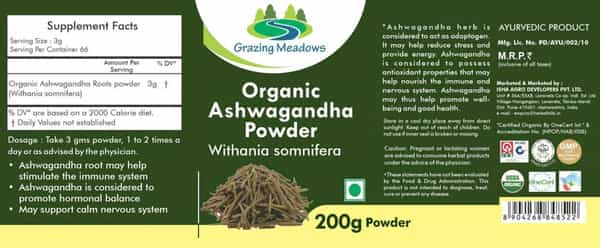 Grazing Meadows Organic Ashwagandha Powder/Withania Somnifera 200 Gms (Pack Of 4)