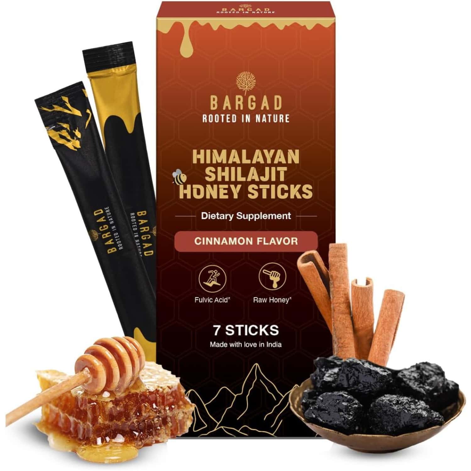 Bargad Himalayan Shilajit Honey Sticks - Cinnamon Flavor | Pure Raw Honey With Fulvic Acid - 7n