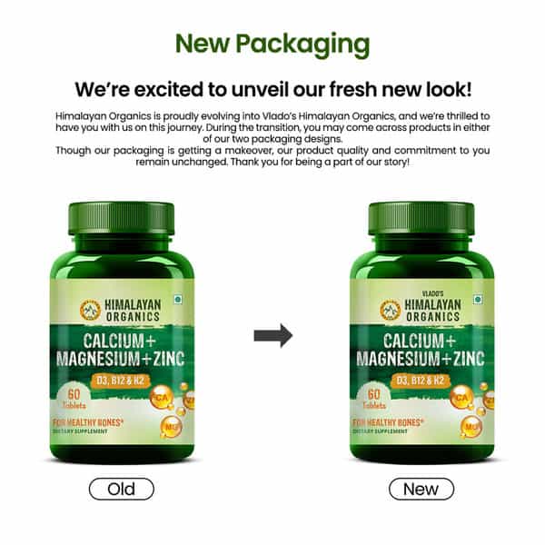 Vlado's Himalayan Organics Calcium Magnesium Zinc Vitamin D3 & B12- 60 Vegetarian Tablets