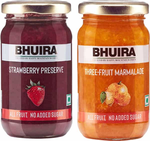Bhuira All Natural Strawberry Preserve And Three Fruit Marmalade | No Sugar |240 Gm X 2 - Pack Of 2
