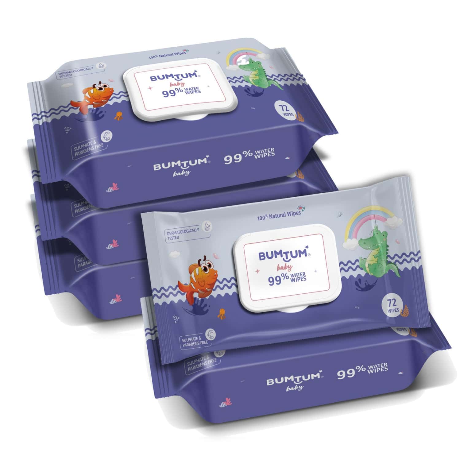 Bumtum Baby Gentle 99% Pure Water Wet Wipes With Lid Paraben Free (Pack Of 5 | 72 Pcs. Per Pack)