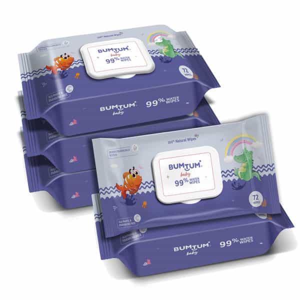 Bumtum Baby Gentle 99% Pure Water Wet Wipes With Lid Paraben Free (Pack Of 5 | 72 Pcs. Per Pack)