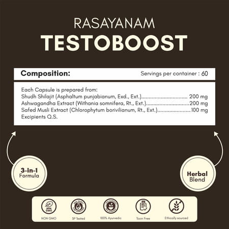 Rasayanam Testoboost For Men | Shilajit | Ashwagandha & Safed Musli (180 Capsules | Pack Of 3)