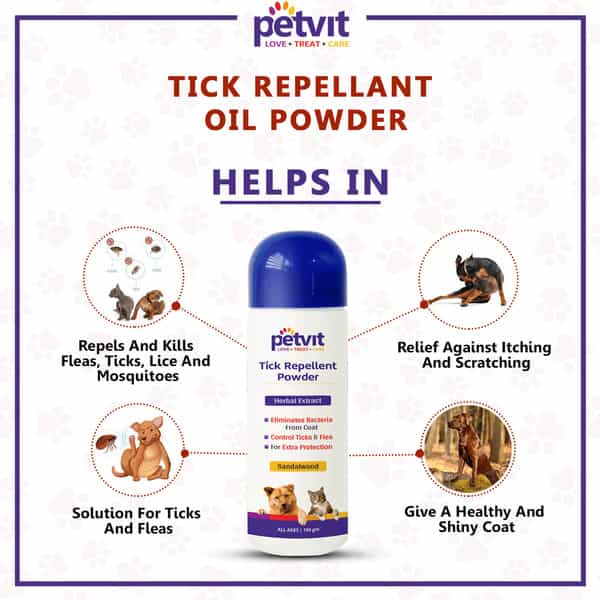 Petvit Tick Repellent Powder Fungal Infection Paraben Free Ph-Balance -For All Breed Dog & Cat-100Gm