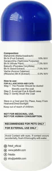 Petvit Tick Repellent Powder Fungal Infection Paraben Free Ph-Balance -For All Breed Dog & Cat-100Gm