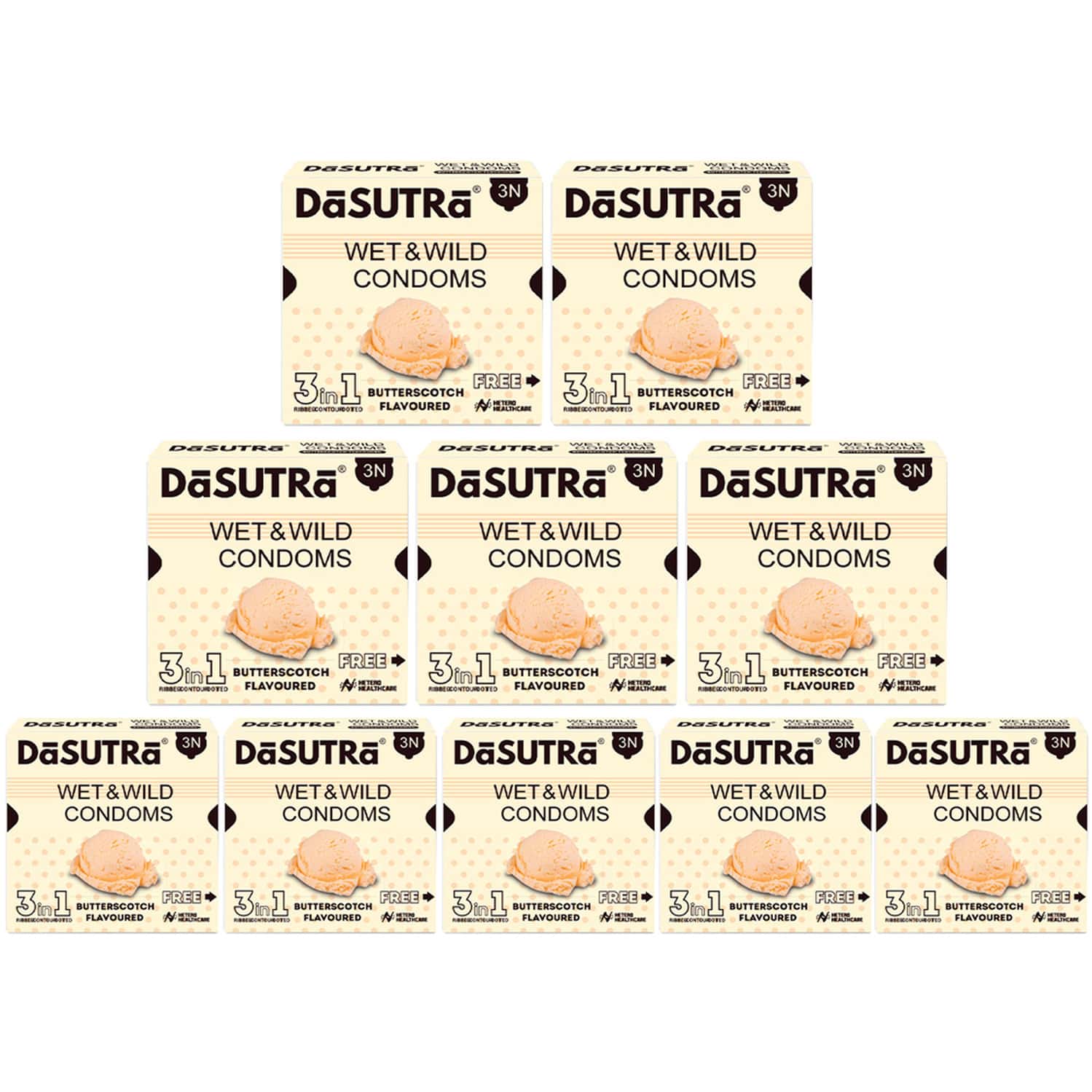 Dasutra Wet & Wild Condoms - 3'S Pack Lubricated Ribbed & Dotted - Butterscotch Flavour - Pack Of 10