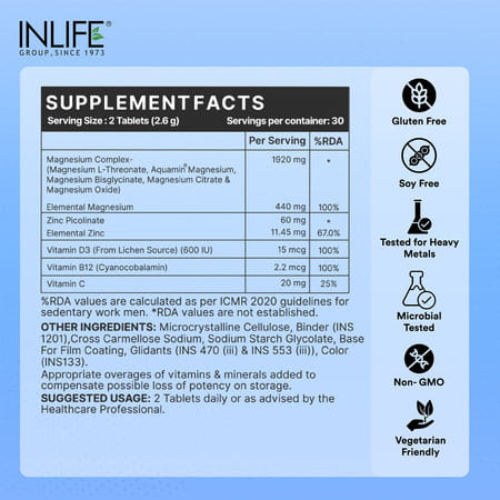 Inlife Magnesium Supplement 2000Mg | For Sleep Focus Muscles Immunity - 60 Tablets