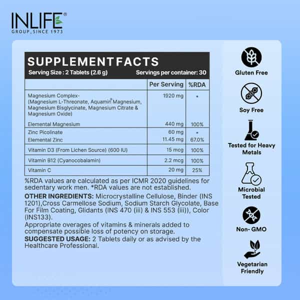 Inlife Magnesium Supplement 2000Mg | For Sleep Focus Muscles Immunity - 60 Tablets