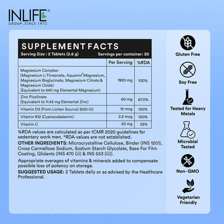 Inlife Magnesium Supplement 2000mg | For Sleep Focus Muscles Immunity - 60 Tablets