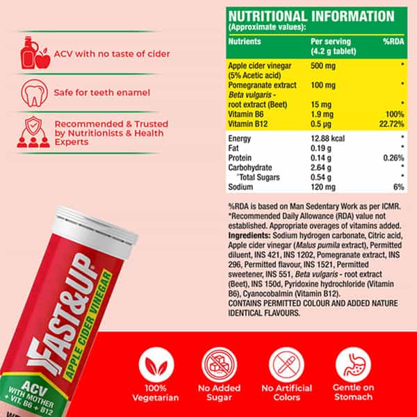 Fast&Up Apple Cider Vinegar Effervescent Tablets | Acv With Mother | Vitamin B6 | B12 (15 Tablets)