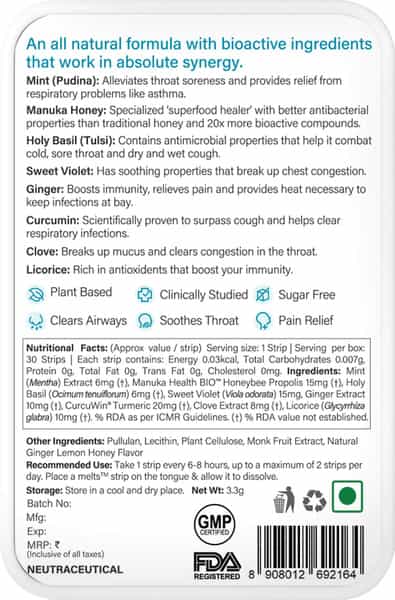 Wellbeing Nutrition Melts Throat Relief For Irritation And Pain Relief 30 Strips