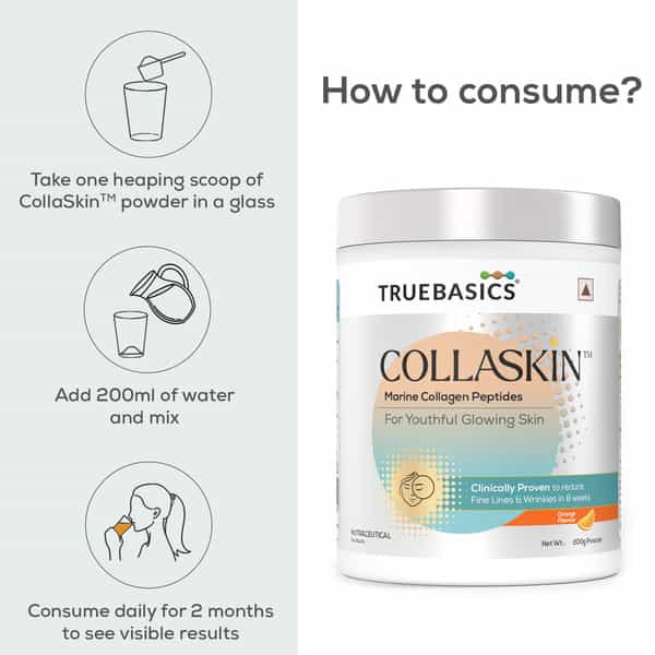 Truebasics Collaskin | Marine Collagen Peptides For Youthful Glowing Skin | Orange | 200 G