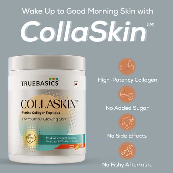 Truebasics Collaskin | Marine Collagen Peptides For Youthful Glowing Skin | Orange | 200 G