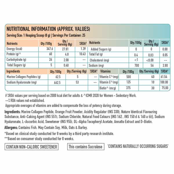 Truebasics Collaskin | Marine Collagen Peptides For Youthful Glowing Skin | Orange | 200 G