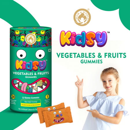 Mom & World Kidsy Vegetables & Fruits Gummies For Kids-30 (Mixed Fruit Flavoured) (Pack Of 3)
