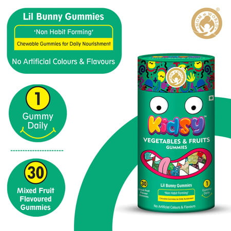 Mom & World Kidsy Vegetables & Fruits Gummies For Kids-30 (Mixed Fruit Flavoured) (Pack Of 3)