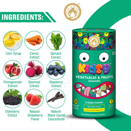 Mom & World Kidsy Vegetables & Fruits Gummies For Kids-30 (Mixed Fruit Flavoured) (Pack Of 3)