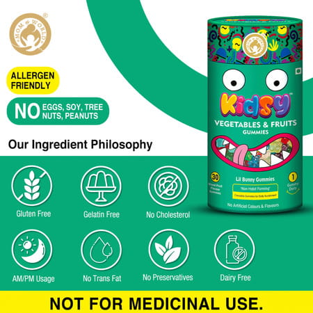 Mom & World Kidsy Vegetables & Fruits Gummies For Kids-30 (Mixed Fruit Flavoured) (Pack Of 3)