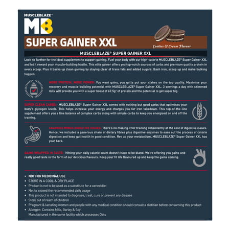 Muscleblaze Super Gainer Xxl | For Muscle Mass Gain (Cookies & Cream | 2Kg / 4.4Lbs | 20 Servings)