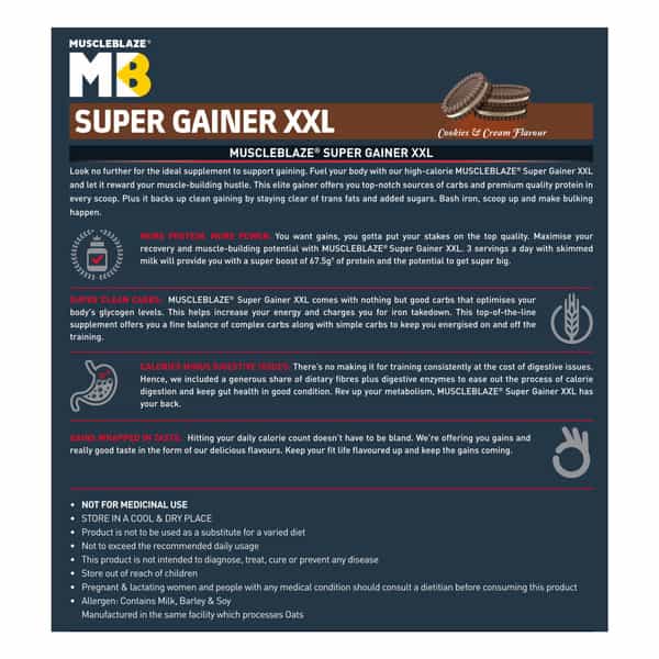 Muscleblaze Super Gainer Xxl | For Muscle Mass Gain (Cookies & Cream | 2Kg / 4.4Lbs | 20 Servings)