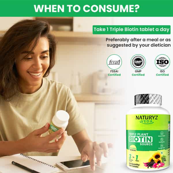 Naturyz Veda Triple Plant Natural Biotin Tablets 10000Mcg For Hair Growth, Skin & Nails - 50 Tablets