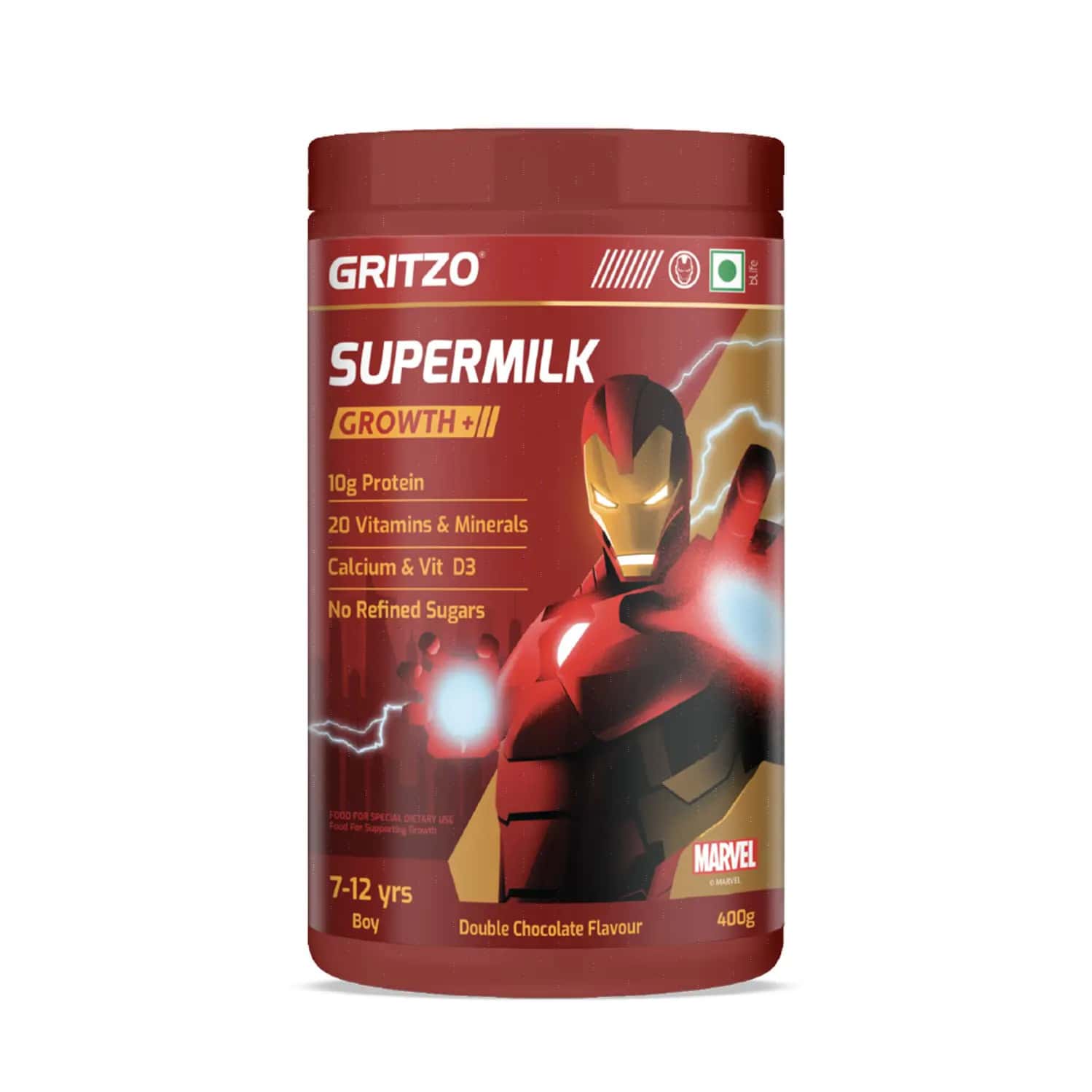 Gritzo Supermilk Growth+ Iron Man (7-12y Boy) | 10g Protein Powder (Double Chocolate | 400g)