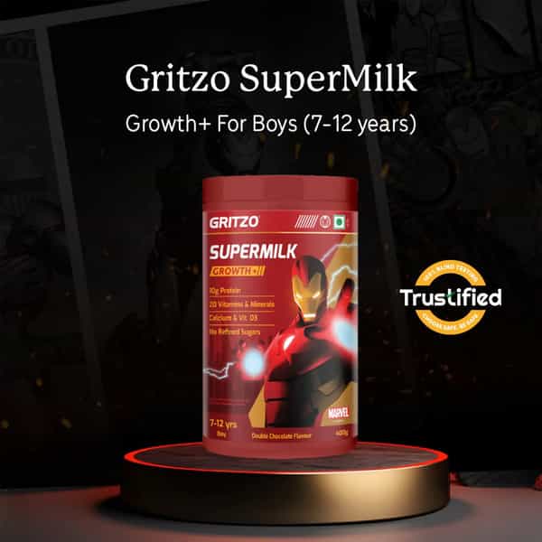 Gritzo Supermilk Growth+ Iron Man (7-12Y Boy) | 10G Protein Powder (Double Chocolate | 400G)