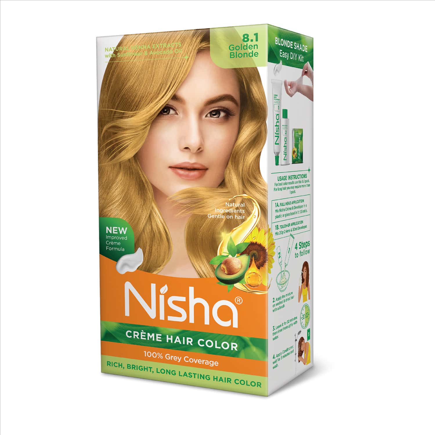 Nisha Creme Hair Color 8.1 Golden Blonde (60gm+90ml+18ml) Permanent Hair Colour With Henna Extract