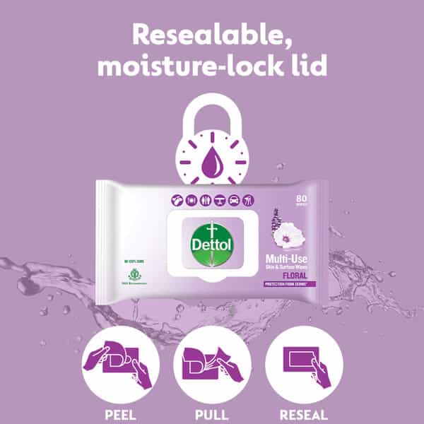 Dettol Disinfectant Sanitizer Wet Wipes For Skin & Surfaces Floral - 80 Count