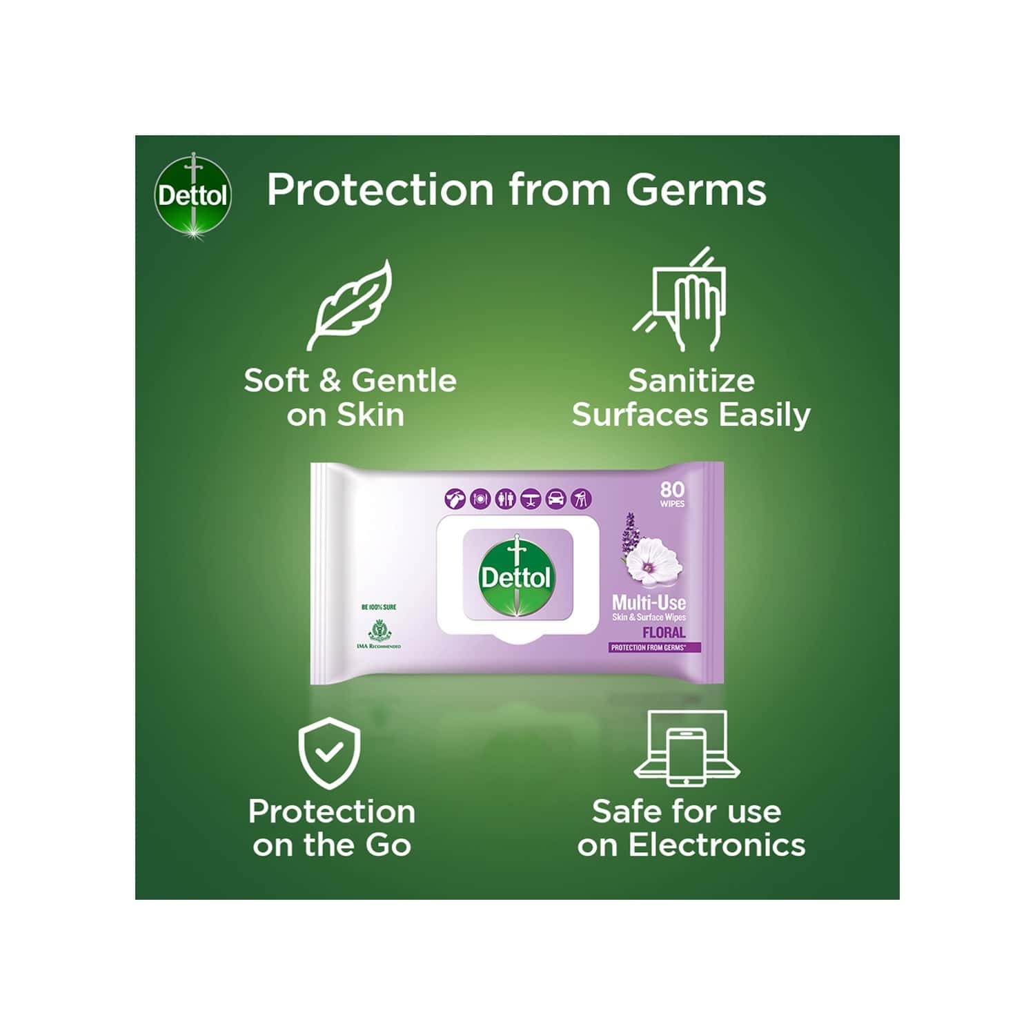 Buy Dettol Disinfectant Skin & Surface Wipes, Floral, Safe On Skin