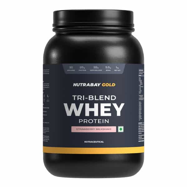 Nutrabay Gold Tri-Blend Whey Protein Strawberry Milkshake - 1Kg