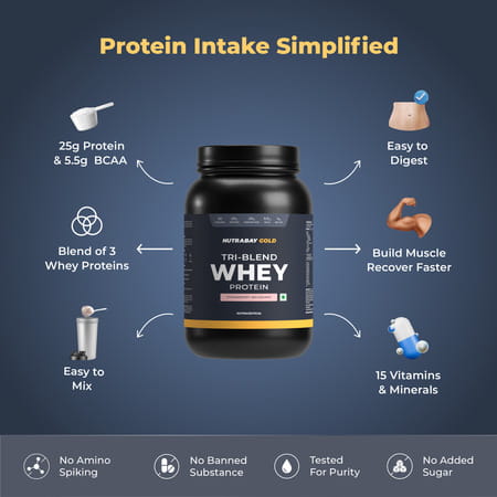 Nutrabay Gold Tri-Blend Whey Protein Strawberry Milkshake - 1kg