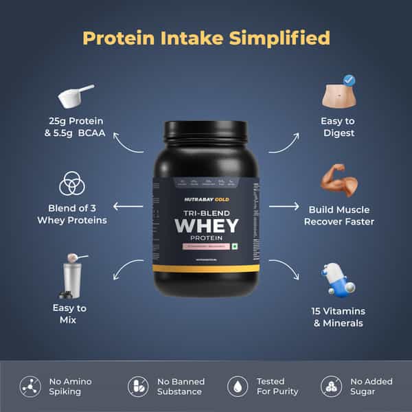 Nutrabay Gold Tri-Blend Whey Protein Strawberry Milkshake - 1Kg