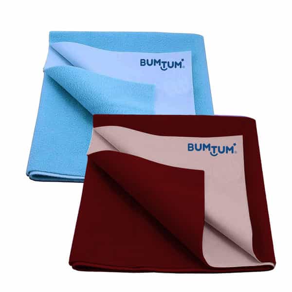 Bumtum Dry Sheet Leakproof Baby Bed Protector (Aqua Blue + Maroon Medium Size 100*70Cm|Pack Of 2)