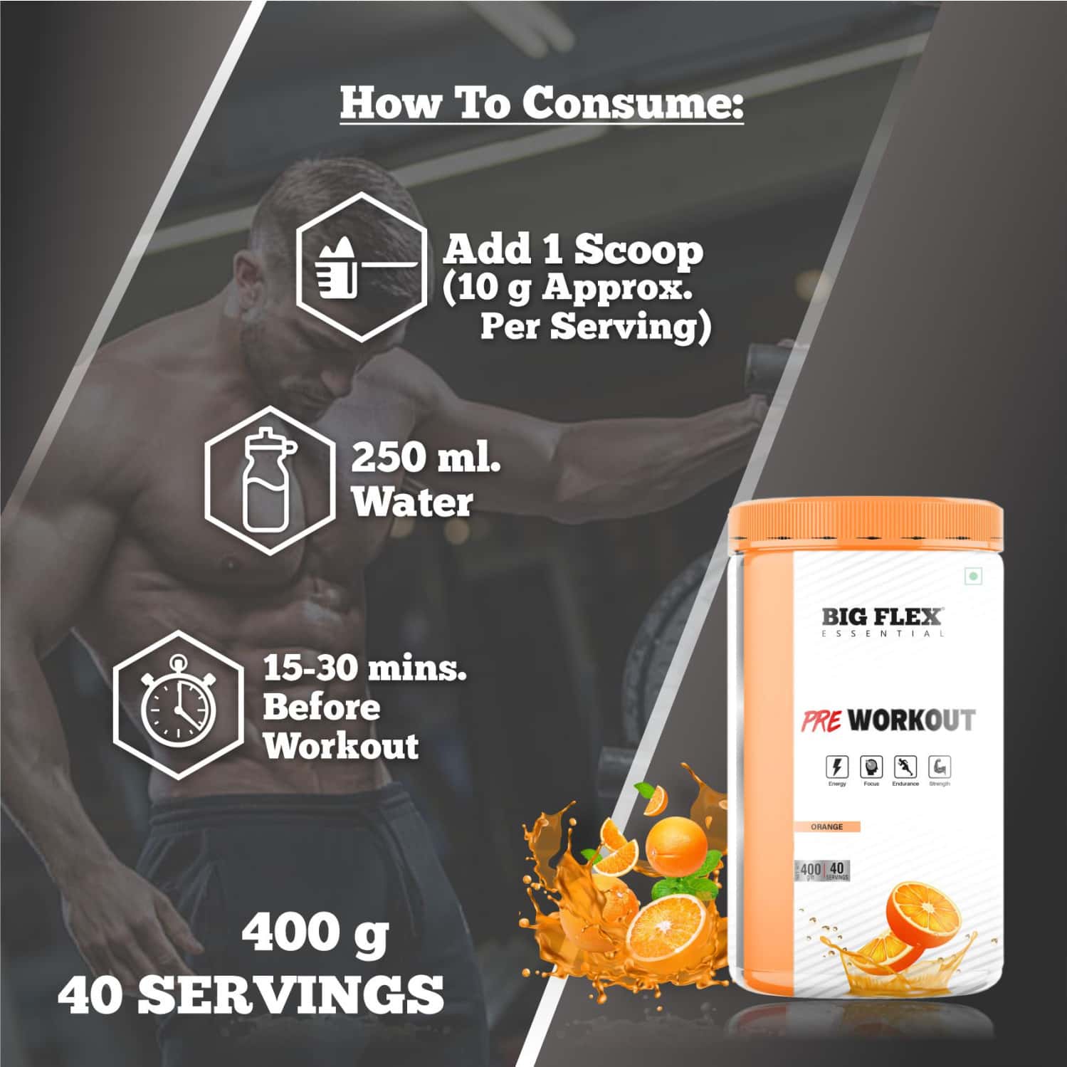 Buy BIGFLEX ESSENTIAL PRE WORKOUT (ORANGE) (400GM) JAR Online & Get