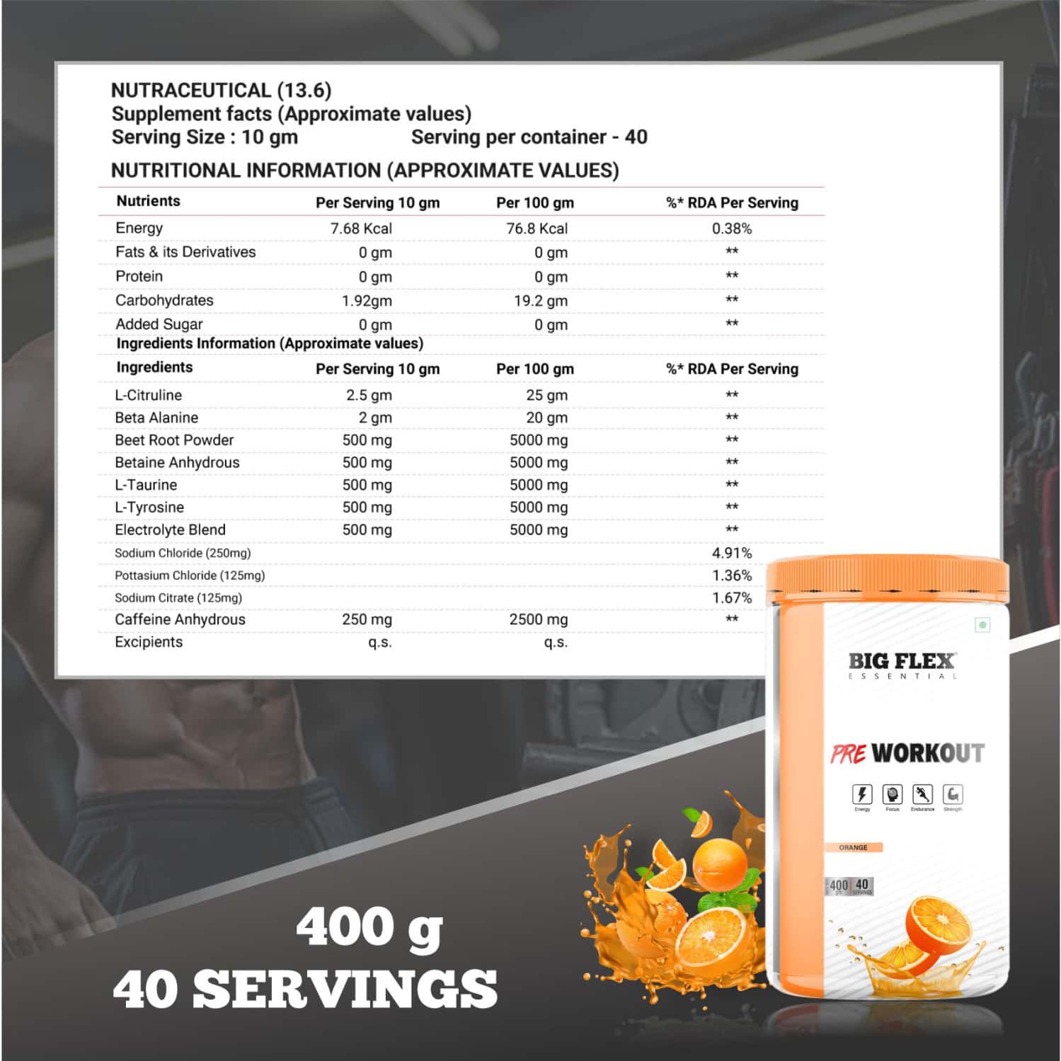 Buy BIGFLEX ESSENTIAL PRE WORKOUT (ORANGE) (400GM) JAR Online & Get