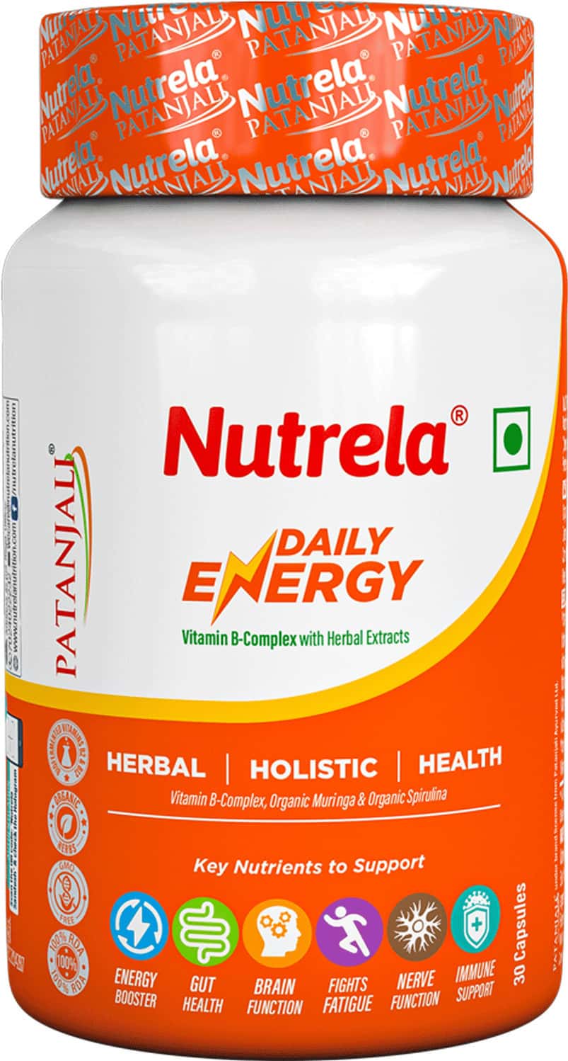 Patanjali Nutrela Daily Energy 22.5g - Vitamin B-Complex Organic Spirulina - 1x 30 Capsules