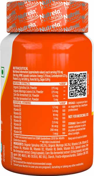 Patanjali Nutrela Daily Energy 22.5G - Vitamin B-Complex Organic Spirulina - 1X 30 Capsules