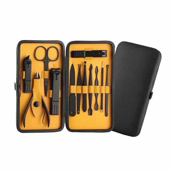 Dr Foot Manicure Set|Professional Grooming | Pedicure Kit + Black Leather Travel Case | Yellow|12In1