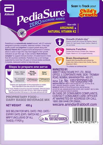 Pediasure Zero Sugar Complete Balanced Nutrition To Help Kids Grow Vanilla 400G