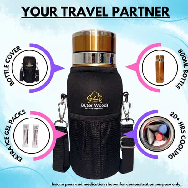 Outer Woods Insulin Cooler Bottle Case With 8 Mini Ice Gel Packs | 20+ Hrs Cooling | Medium - Golden