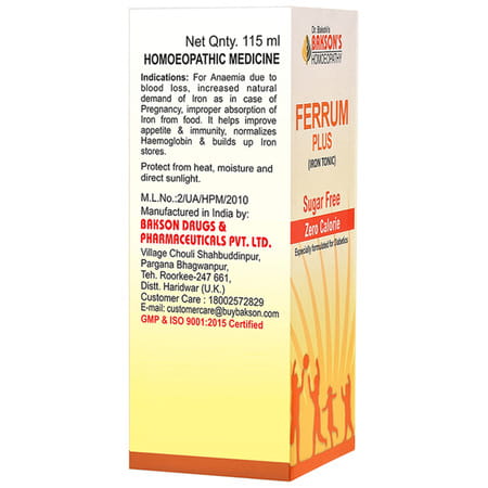 Baksons Homoeopathy Ferrum Plus Iron Tonic Sugar Free 115 Ml